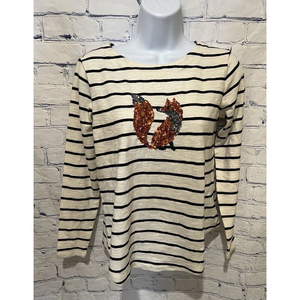 Talbots Women's Striped Sequin Animal Fox Embellished Tee Top Size Small Petite